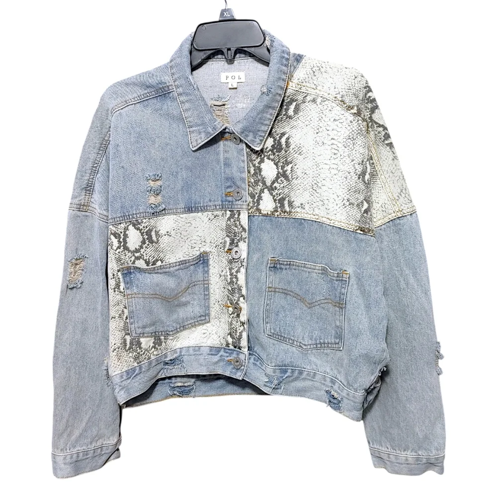 POL Snakeskin Patch Button Up Dustressed Denim Jean Jacket Women's Size Large L - Picture 14 of 15